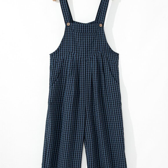 B243 Sail Blue Plaid Print Buttoned Pocketed High Waist Overall - Picture 8 of 16